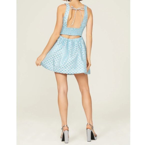 Hill House The Cher Metallic A Line Mini Dress Snowflake Brocade Blue/ White S - Picture 2 of 10